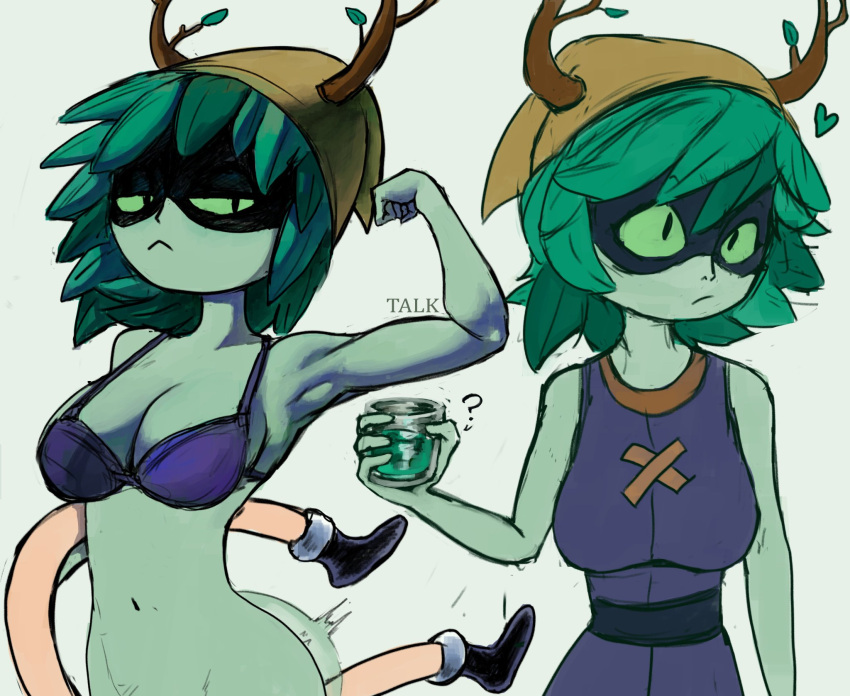 1boy 1girls adventure_time american_psycho american_psycho_(reference) antlers athletic biceps bottomless bra branch_horns breasts domino_mask drink face_mask finn_the_human glass green_eyes green_hair green_skin hood horns huntress_wizard leaf leaf_hair meme muscular muscular_female p0stalk tagme thrusting