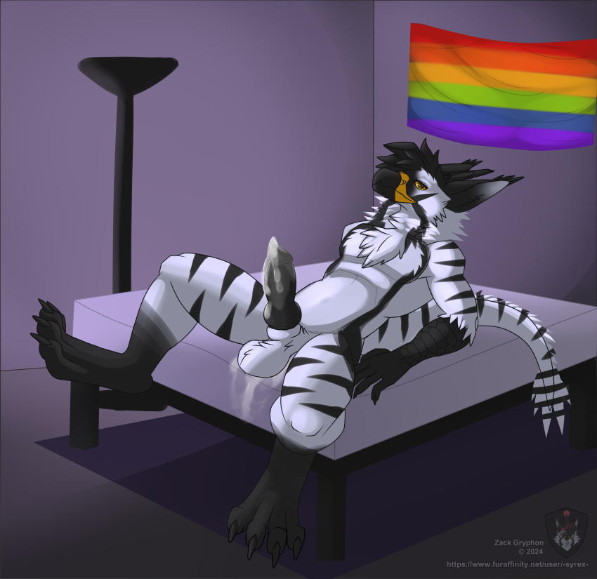 1boy absurd_res anthro avian bed bodily_fluids cum flag furniture genital_fluids gryphon hair highres inside lamp male male_only mythological_avian mythology rainbow_flag solo solo_male stripes zack_gryphon