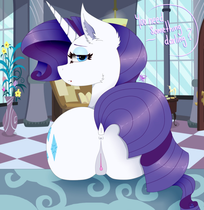 anus ass equid equine female female_only feral feral_only friendship_is_magic fur hasbro horn kathepart mammal my_little_pony plot pony purple_hair purple_tail pussy rarity_(mlp) rear_view tail unicorn white_body white_fur