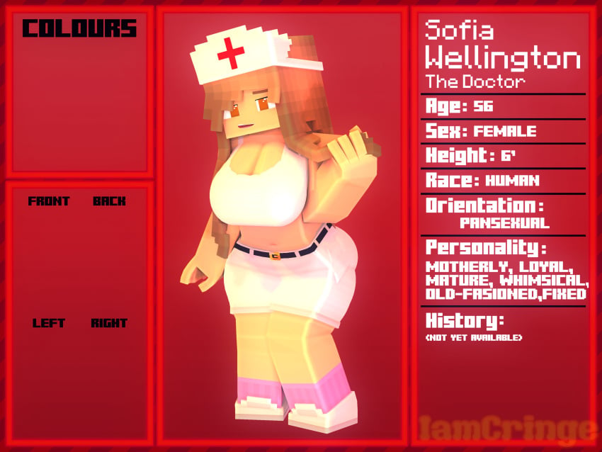 1girls 3d ass big_breasts brown_eyes brown_hair character_profile character_sheet clothed_female female horny_female human_female iamcringe mine-imator minecraft nurse_cap nurse_hat nurse_uniform outside pansexual smile sofia_wellington_(iamcringe) solo tagme