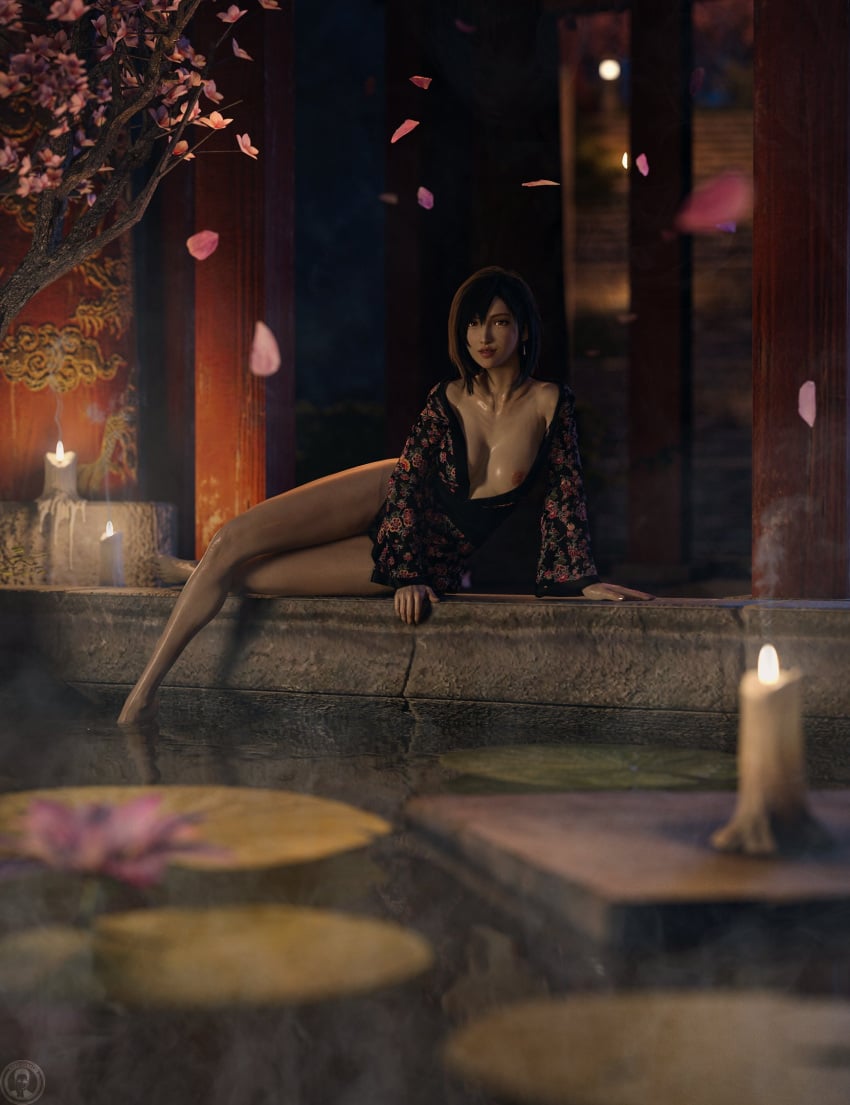 3d 3d_(artwork) 3d_model against_wall aroused black_hair cherry_blossom cherry_blossom_tree cherry_blossoms dipping_toe evening exposed_breasts female female_human female_only feminine feminine_body feminine_pose final_fantasy final_fantasy_vii final_fantasy_vii_remake girly greengiant3d hot_spring hot_spring_evening looking_at_viewer outdoors petite petite_body petite_breasts petite_female petite_girl red_eyes robe_open seductive sexual_tension solo solo_female solo_focus square_enix sunset tifa_lockhart wine wine_glass