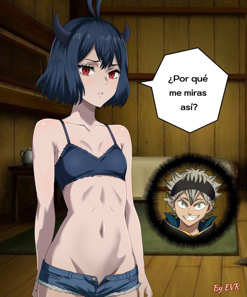 1boy 1boy1girl 1girls asta_(black_clover) black_clover breasts clothed dark_blue_hair dialogue dialogue_box dialogue_bubble embarrassed excalibur_overdrive female green_eyes grey_hair horns male red_eyes secre_swallowtail short_hair shorts small_breasts spanish_dialogue spanish_text tagme text text_box text_bubble thin_female thin_waist