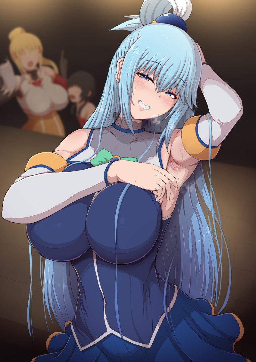 3girls aqua_(konosuba) armpit_fetish armpits arms_up blonde_hair blue_eyes blue_hair breasts brown_hair clothed darkness_(konosuba) female female_only hi_res huge_breasts kono_subarashii_sekai_ni_shukufuku_wo! light-skinned_female light_skin long_hair massive_breasts megumin multiple_girls naughty_face ponpo short_hair solo_focus