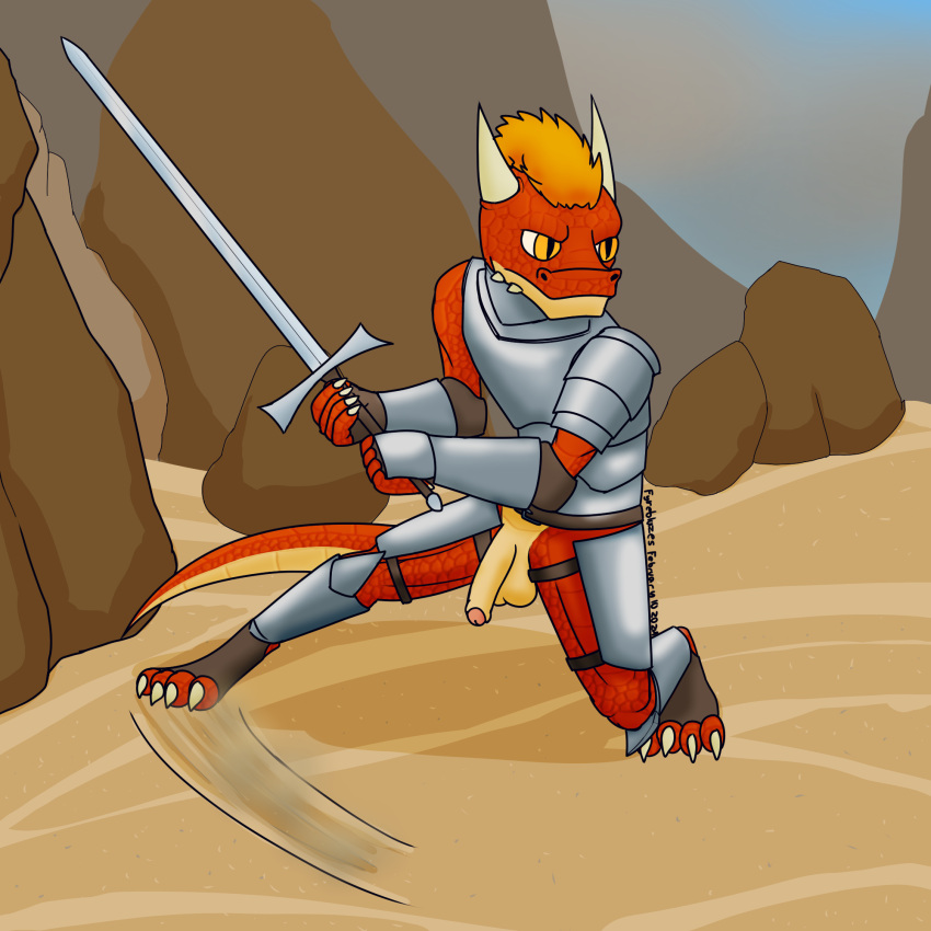 anthro armor belly bottomless bracers breastplate clothed clothing desert fyreblazes genitals greaves hi_res humanoid_genitalia humanoid_penis kobold leg_armor male melee_weapon penis red_body scalie solo sword tail tan_belly weapon wrist_armor zaw(fyreblazes)