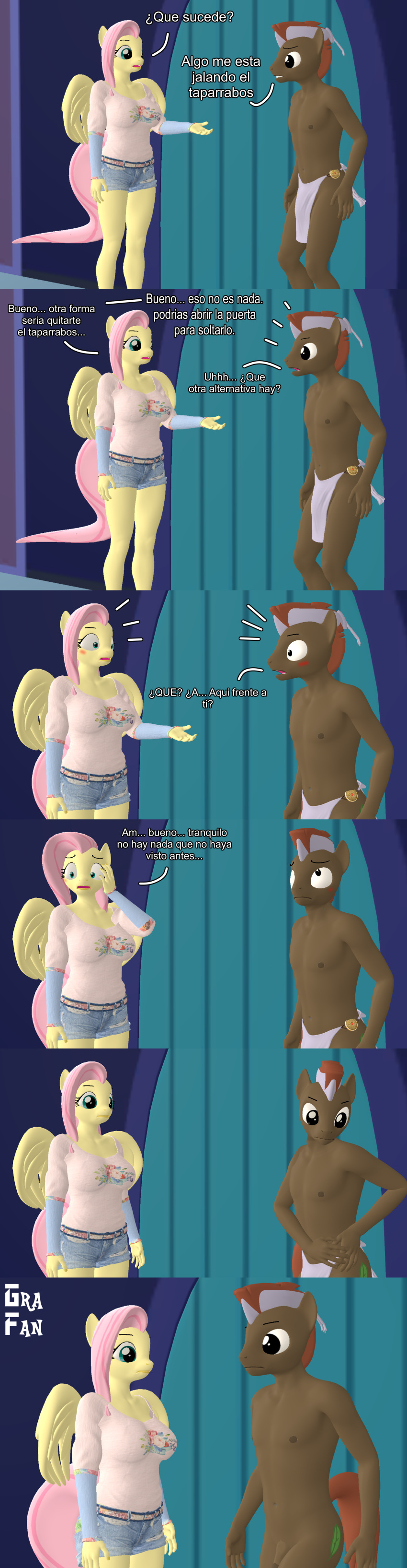 anthro clothes comic crossover fan_character fluttershy_(mlp) friendship_is_magic gradiusfanatic loincloth my_little_pony oc source_filmmaker spanish_text