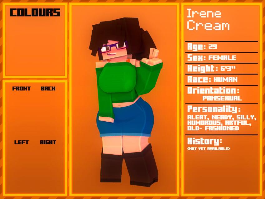 1girls 3d breasts brown_eyes brown_hair character_profile character_sheet clothed_female female horny_female human_female iamcringe irene_cream_(iamcringe) mine-imator minecraft outside pansexual smile solo tagme