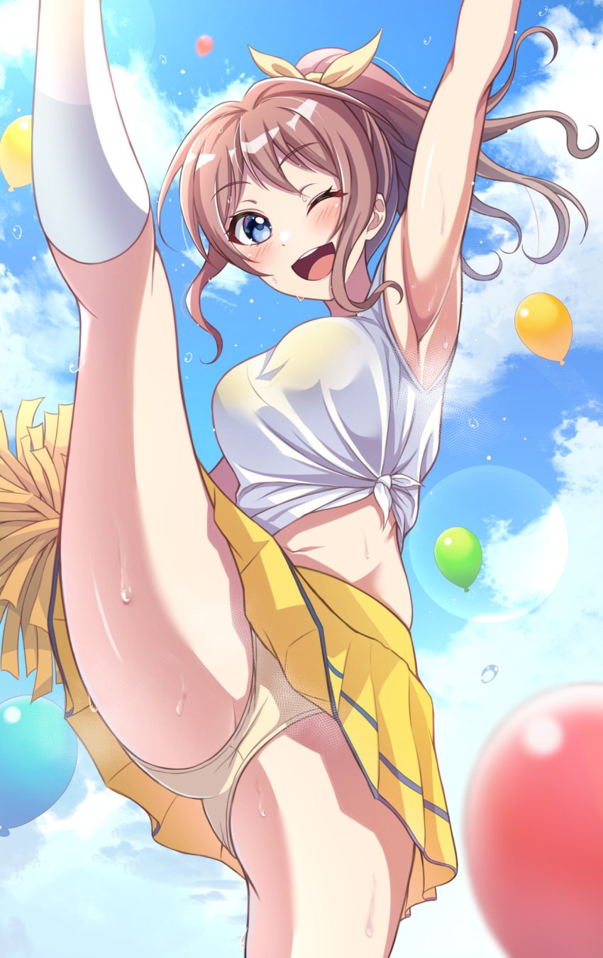 armpits balloon balloons bang_dream! belly_button below_view big_breasts blue_eyes bottom_view bow breasts brown_hair cheerleader cheerleader_outfit cheerleader_uniform cloud clouds inner_thigh_dips inner_thighs legwear long_hair looking_at_viewer medium_breasts navel one_eye_closed pom_poms ponytail shorts skirt sky stockings sweat sweatdrop sweating sweaty sweaty_armpits sweaty_body sweaty_legs sweaty_thighs tagme thighs tied_shirt under_skirt upshorts viewed_from_below white_legwear white_stockings wink winking_at_viewer yamabuki_saaya yellow_bow yellow_skirt