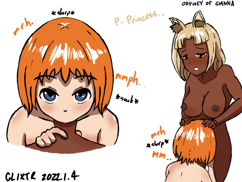 blonde_hair blowjob dark_skin dickgirl fellatio glixtr kemonomimi lilina_markos meta:color nude odyssey_of_gianna orange_hair sable-claw text