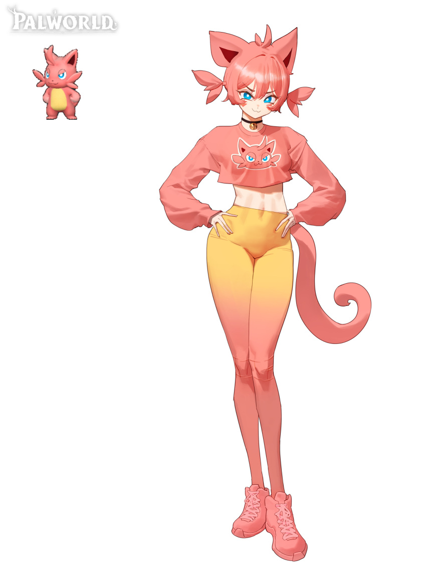 :3 animal_ears ass belly_button big_ass big_thighs blue_eyes breasts butt cattiva cute female female_only furry_female furry_tail human humanized humanoid leggings long_legs long_sleeves looking_at_viewer pal_(species) palworld pink_hair pink_shirt short_hair slim_waist smiling smiling_at_viewer smug smug_face solo tagme tail teenager thick_hips thick_thighs thighs wonbin_lee