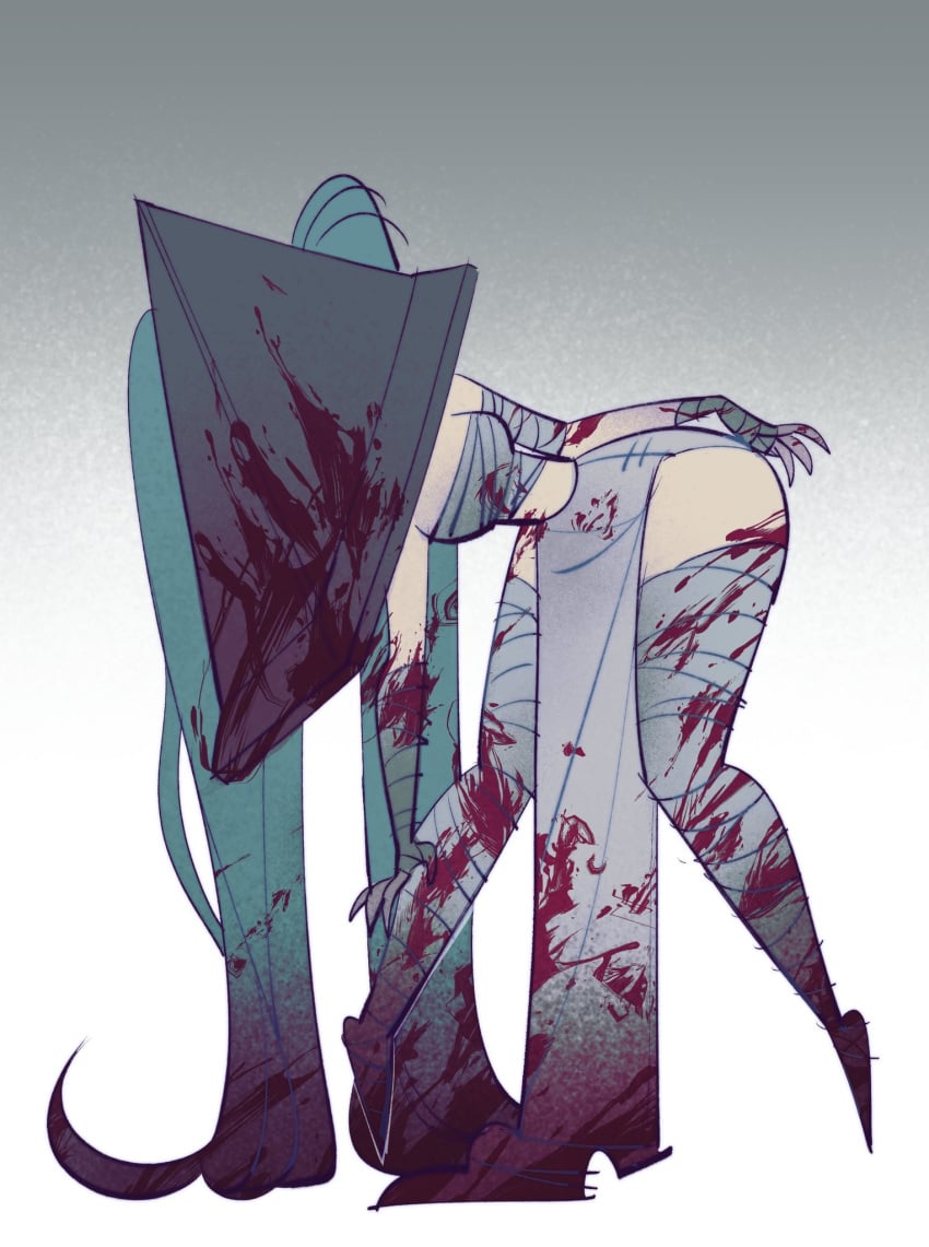 aly_kame bandage blood blood_splatter blood_stain blue_hair clothed clothed_female hatsune_miku mummy_wrappings pyramid_head pyramid_head_(cosplay) silent_hill twintails vocaloid