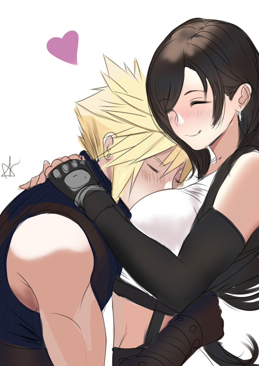 1boy 1girls arialla_draws black_elbow_gloves black_fingerless_gloves black_hair blonde_hair blush blushing breasts closed_eyes cloud_strife cute earrings elbow_gloves face_between_breasts face_in_breasts female final_fantasy final_fantasy_vii final_fantasy_vii_remake fingerless_elbow_gloves fully_clothed happy heart hug hugging long_hair male sleeveless_turtleneck smile smiling smothering spiky_hair straight suspenders tank_top tifa_lockhart white_tank_top wholesome