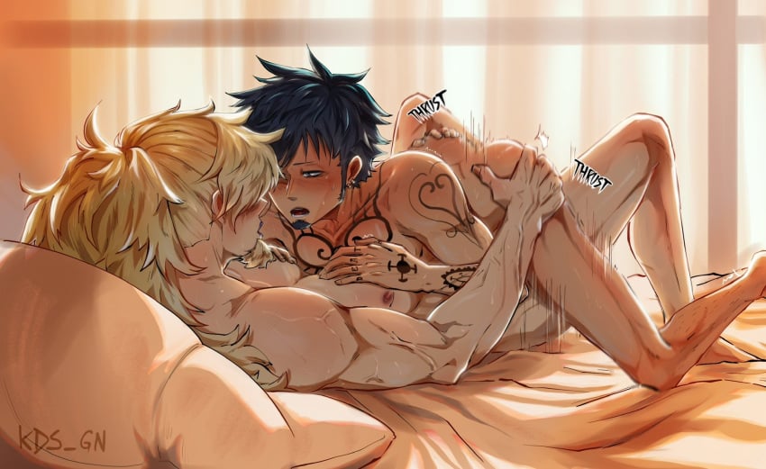 2boys anal arm_tattoo ass ass_grab bed blonde_hair blush chest_tattoo earrings facial_hair gay gay_sex goatee hand_tattoo jewelry kds_gn killer_(one_piece) long_hair looking_at_another lying_on_person male male/male male_focus male_only motion_lines multiple_boys muscular muscular_male nipples nude one_piece open_mouth pillow sex short_hair shoulder_tattoo sideburns size_difference sweat tattoo trafalgar_law trembling yaoi