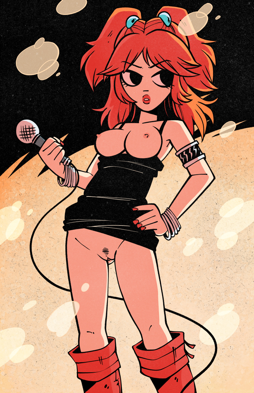 1girls black_eyes bonerbob boots dress envy_adams female holding_object lipstick long_hair microphone nail_polish nude nude_female orange_hair partially_clothed pubic_hair red_lipstick red_nails scott_pilgrim solo solo_female twintails