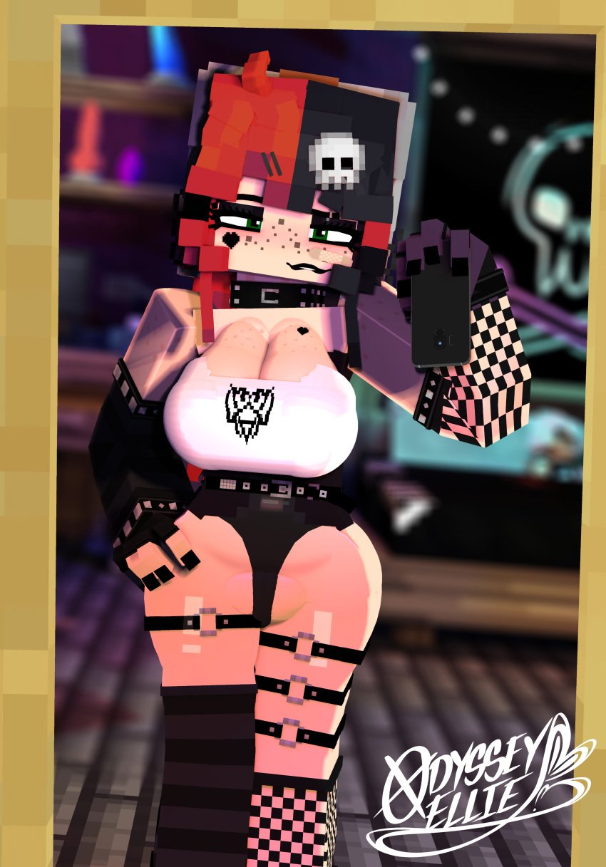 1girls 3d armwear biting_lip black_lipstick choker cleavage ellie_walls_(odysseyellie) female female female_only fishnets freckles goth goth_girl green_eyes legwear light-skinned_female light_skin lipstick looking_at_viewer minecraft mirror mirror_selfie multicolored_hair odysseyellie painted_nails selfie solo solo_female tattoo