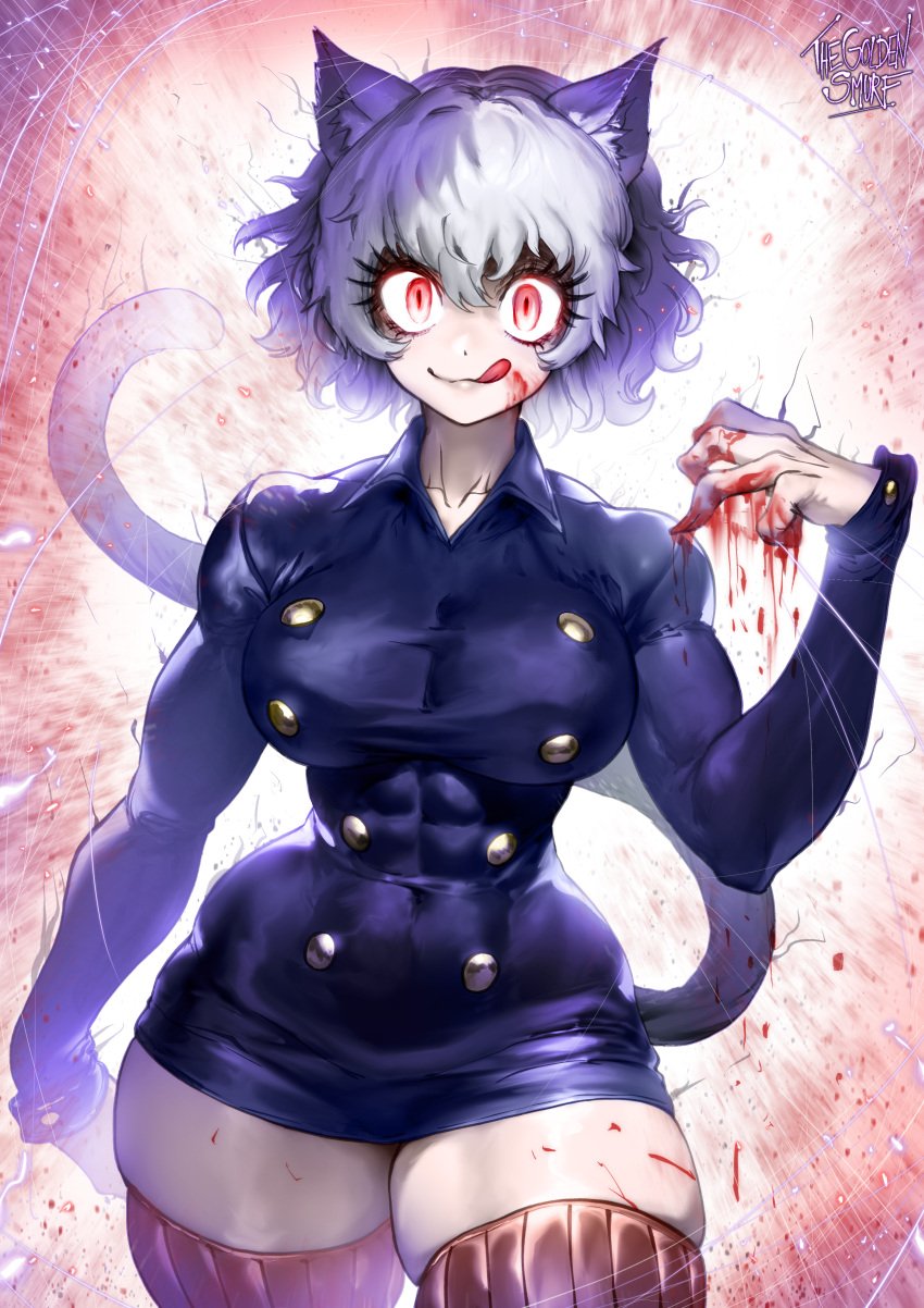 1girl 1girls 4_fingers abs animal_ears anthro big_breasts big_thighs blood blood_on_face blood_on_hand blood_on_thighs blood_stain blue_shirt breasts busty buttons cat_ears cat_girl cat_tail chimera_ant claws curly_hair female female_only highres humanoid hunter_x_hunter licking_lips looking_at_viewer muscles muscular muscular_anthro muscular_arms muscular_female muscular_legs muscular_thighs neferpitou nekomimi no_pants no_shorts pale-skinned_female pale_skin red_eyes sharp_claws sharp_fingernails shirt short_hair shounen_jump solo thegoldensmurf thick thick_thighs thighhighs thighs thin_waist tight_clothing tight_fit villainess wavy_hair white_hair wide_hips