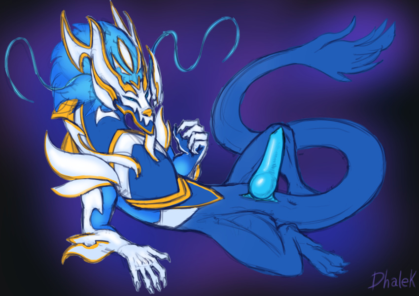 absurd_res alternate_costume animal_genitalia anus armor asian_mythology aurelion_sol blue_body dhalek digital_media_(artwork) dragon eastern_dragon erection genitals glowing hair hi_res knot league_of_legends looking_at_viewer male mythology penis presenting presenting_penis riot_games simple_background solo spread_legs spreading tail whiskers