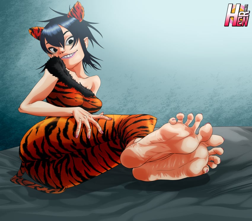 alternate_version_available asian black_hair fake_ears fake_tail feet foot_fetish gorillaz messy_hair noodle_(gorillaz) noodle_(song_machine) on_side pink_lips pink_nails rankerhen soles tiger_print toes_spread