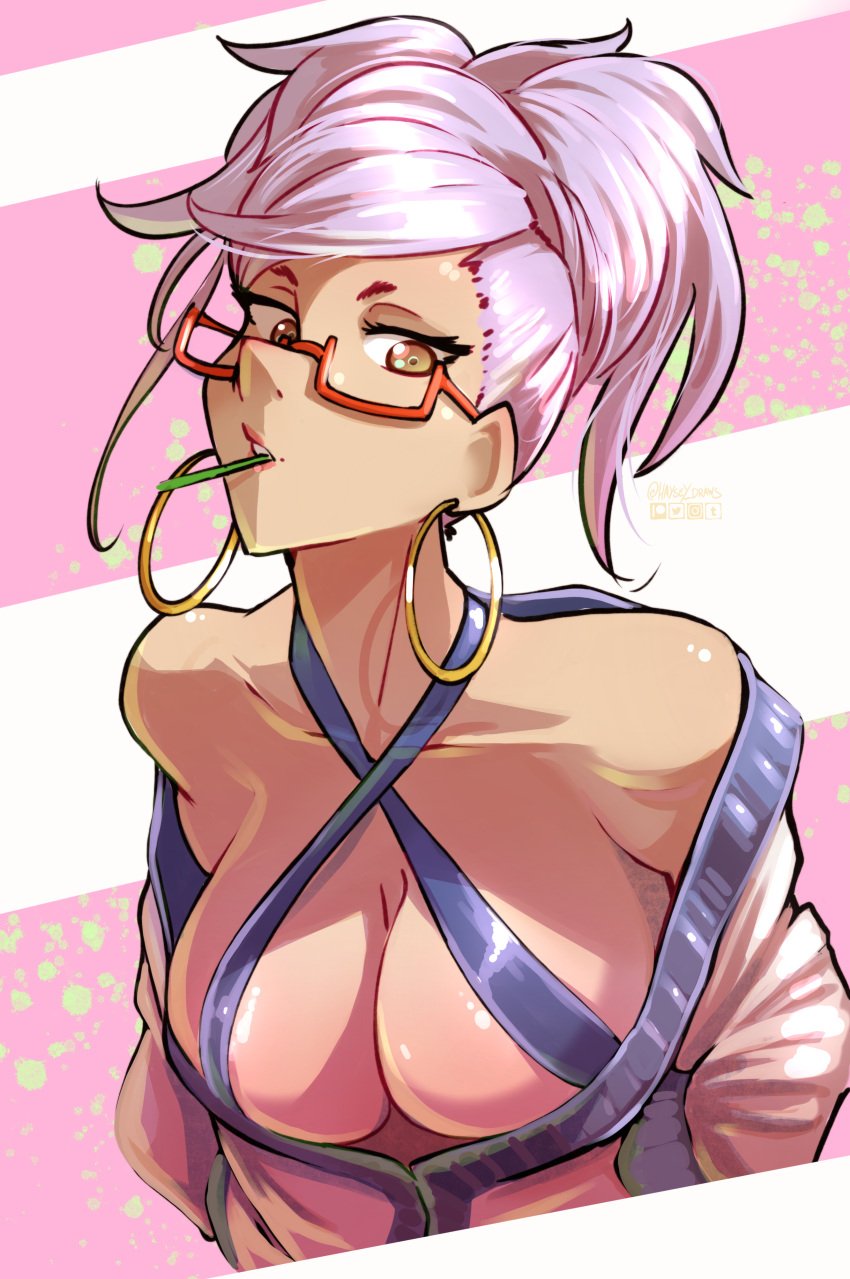 1girls ayase_seiko bare_shoulders beehive_hairdo bimbo dandadan exposed_shoulders gilf glasses gold_hoop_earrings hair_unraveled hair_up haysey_draws hoop_earrings hoop_earrings_oversized lavender_hair looking_at_viewer milf object_in_mouth pulled_up_hair revealing_clothes smoking toothpick_in_mouth updo