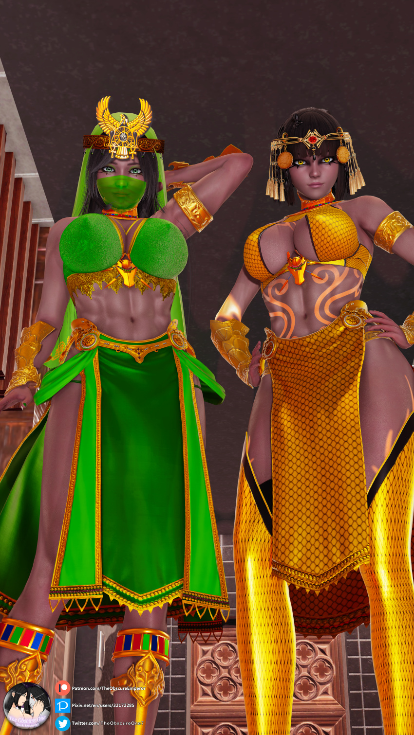 2girls 3d abs ancient_egypt ankh athletic athletic_female black_hair bob_cut body_markings boots bracelet breasts clone clothed dark-skinned_female dark_skin edenian egyptian_clothes egyptian_headdress eye_of_horus gold_(metal) green_eyes honey_select honey_select_2 jade_(mortal_kombat) large_breasts lipstick long_hair looking_at_viewer markings mascara mask mortal_kombat mortal_kombat_darkverse mouth_veil priestess self_upload sisters tanya_(mortal_kombat) theobscureone thighhighs tiara veil yellow_eyes