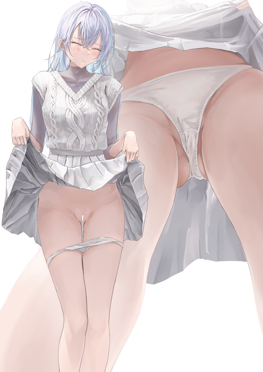 absurdres ass_visible_through_thighs bar_censor barefoot blue_hair blush censored close-up closed_eyes clothes_lift feet_out_of_frame female groin highres idolmaster idolmaster_shiny_colors kitaugetu lifted_by_self multiple_views panties panty_pull pleated_skirt pussy_juice simple_background skirt skirt_lift suzuki_hana sweater_vest underwear v-neck white_background white_panties