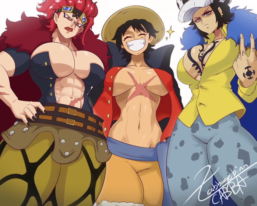 3girls abs big_breasts black_hair cabbagebinn closed_eyes clothed clothing color eustass_kid female female_only hat hi_res inner_sideboob large_breasts light-skinned_female light_skin lipstick looking_at_viewer luffyko monkey_d_luffy multiple_girls muscles muscular muscular_female one_piece red_eyes red_hair rule_63 scar short_hair shounen_jump tattoos thick_thighs trafalgar_law trafalgar_law_(female)