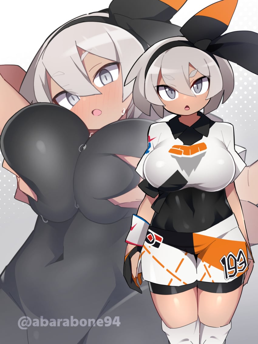 abarabone94 bea_(pokemon) groping_breasts groping_from_behind gym_leader pokemon pokemon_ss sweat tight_clothes tight_clothing