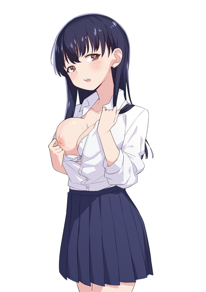 1girls areolae black_hair blue_skirt blush boku_no_kokoro_no_yabai_yatsu bra bra_pull breasts breasts_out breasts_out_of_clothes embarrassed female female_only flashing flashing_breasts hi_res large_breasts light-skinned_female light_skin long_hair morisobo nipples open_mouth school_uniform schoolgirl skirt solo teenager white_background white_bra white_shirt yamada_anna