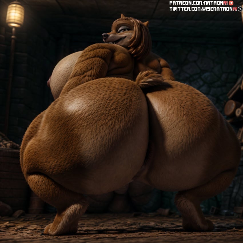 ai_generated alpha_and_omega anthro canine enormous_ass eve_(alpha_and_omega) female furry gilf large_breasts looking_at_viewer looking_back matronai_(artist) older_female smile squatting thick_thighs wolf