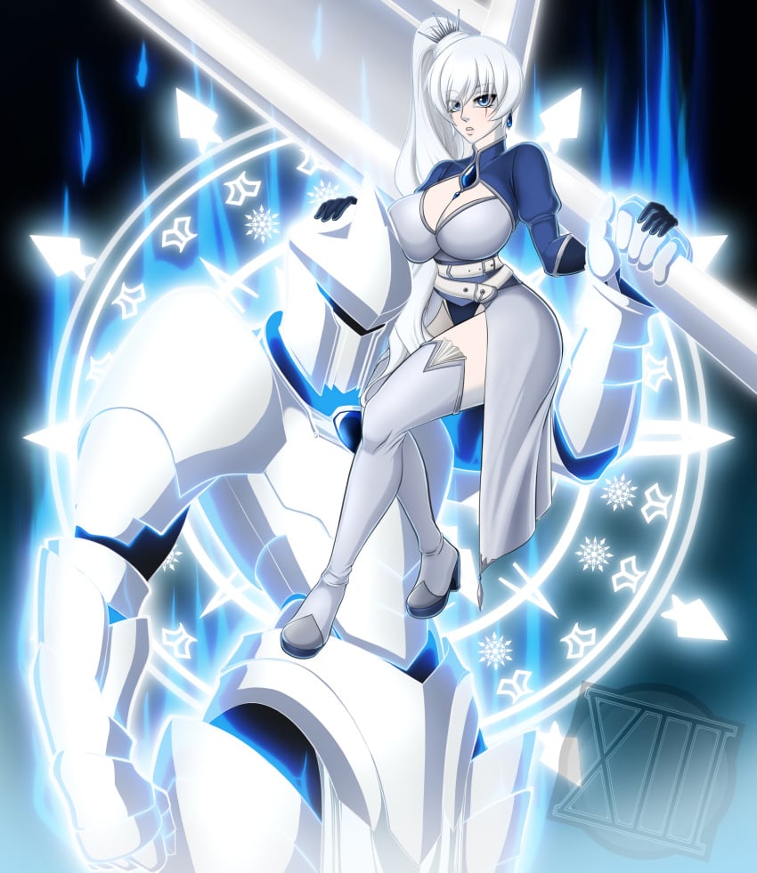 1female 1girls big_breasts blue_clothing blue_gloves boob_window boots breasts crown elbow_gloves female female_only gloves glyphs_(rwby) high_heel_boots high_heels long_legs rwby thigh_boots thighhigh_boots thighs waifuholic weiss_schnee white_hair white_hair_female