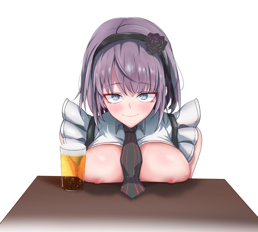 1girls alcohol beer big_breasts blue_eyes blush breast_press breasts breasts_out busty dagashi_kashi female female_only hair_ornament hairband half-closed_eyes highres large_breasts looking_at_viewer necktie nipples no_bra purple_hair shidare_hotaru short_hair smile solo suspenders table unbuttoned unbuttoned_shirt white_background