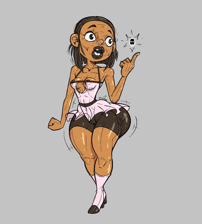 big_lips black_girl brown_hair comba eyebrows eyelashes high_heels hyper_ass pink_dress shiny_body tagme