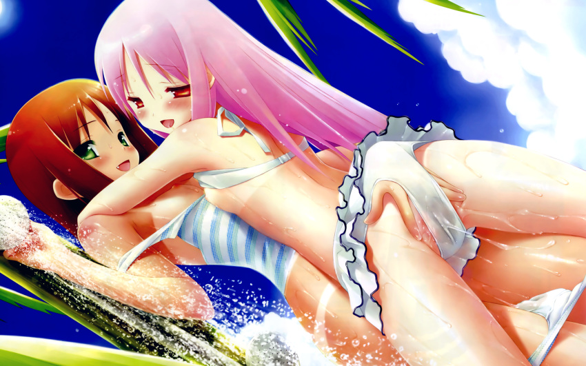 2girls bikini blush breasts brown_hair cute_fang female fingering flat_chest garden_(game) gayarou green_eyes himemiya_ruri hoshino_erika long_hair multiple_girls nipples panties pink_hair pussy_juice red_eyes short_hair shower sky swimsuit tan_lines underwear water wet yuri