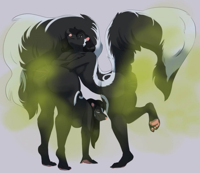 anthro ass big_tail breasts bubble_butt duo faeseiren fart fart_fetish female female/female hi_res mammal mephitid mooning nude nude_female pose posing_for_picture sibling_(lore) skunk smelly smile tail twins_(lore)