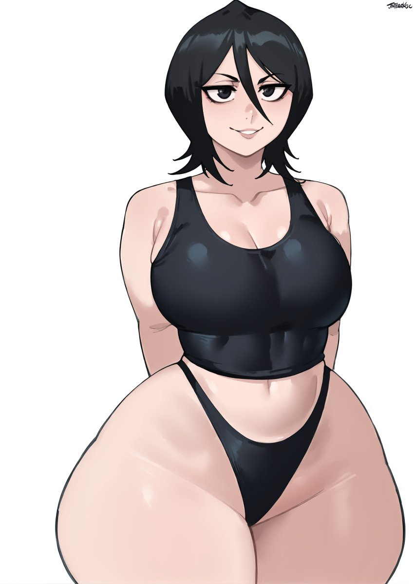 1girls ai_generated black_hair black_panties black_thong bleach breasts cleavage cowboy_shot curvy female female_only gardener_ai groin highleg_panties kuchiki_rukia large_breasts midriff navel no_pants panties parted_lips pear_shaped pony_diffusion_xl short_hair simple_background smile solo stable_diffusion tank_top thick_thighs thong white_background wide_hips