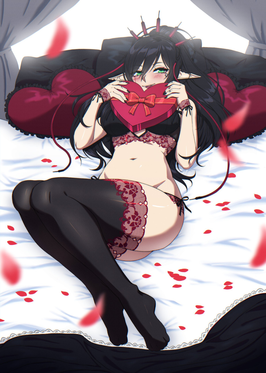 bed chocolates dark_hair green_eyes indie_virtual_youtuber layna_lazar lingerie stockings syringes thighhighs valentine's_day virtual_youtuber