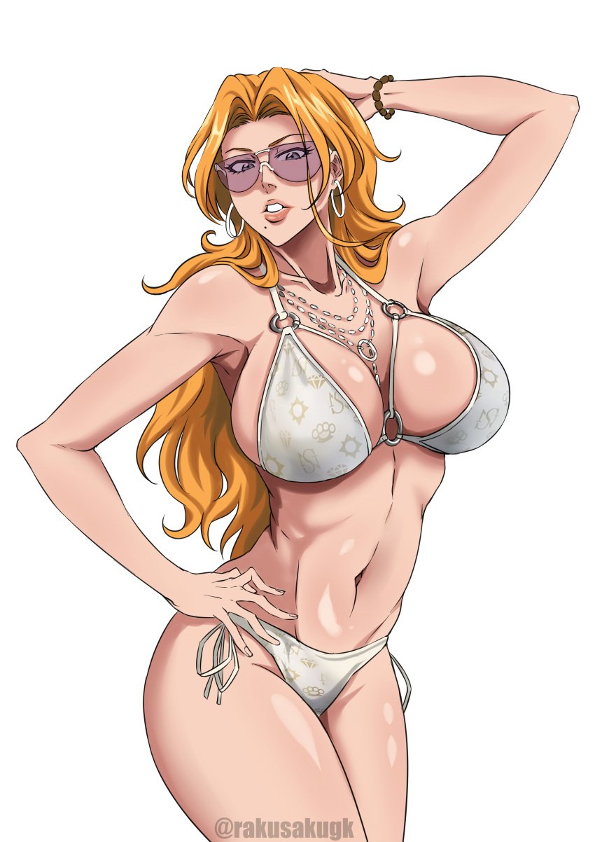 1girls absurdres arm_up big_breasts bikini bleach breasts cleavage cosplay earrings fat_breasts female female_focus grand_theft_auto grand_theft_auto_v grand_theft_auto_vi hand_on_own_hip highres huge_breasts jewelry lips long_hair looking_at_viewer matsumoto_rangiku mature mature_female mole mole_under_mouth navel necklace orange_hair pool_party_girl_(gta_vi) posing purple-tinted_eyewear rakusakugk solo sunglasses swimsuit tinted_eyewear voluptuous voluptuous_female watermark white_background