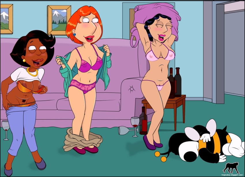 20th_century_fox 2d 3girls beer big_breasts blush bonnie_swanson brian_griffin chocolate_nipples donna_tubbs drunk family_guy female_pubic_hair getting_undressed landing_strip lois_griffin long_hair luberne milf nipples_visible_through_clothing orange_hair partially_clothed purple_hair short_hair small_panties thong watermark wine_bottle wine_glass zoophilia