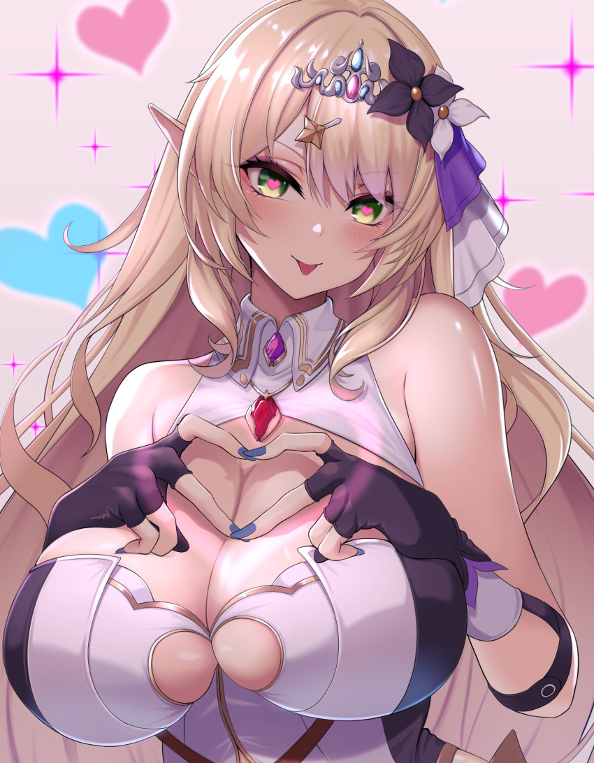 1girls big_breasts blush breasts busty elara_(vtuber) elf elf_ears elf_female finger_heart giant_breasts half_updo heart heart-shaped_pupils huge_breasts indie_virtual_youtuber large_breasts long_hair looking_at_viewer solo sparkles tongue tongue_out upper_body uzyou1129 virtual_youtuber vtuber