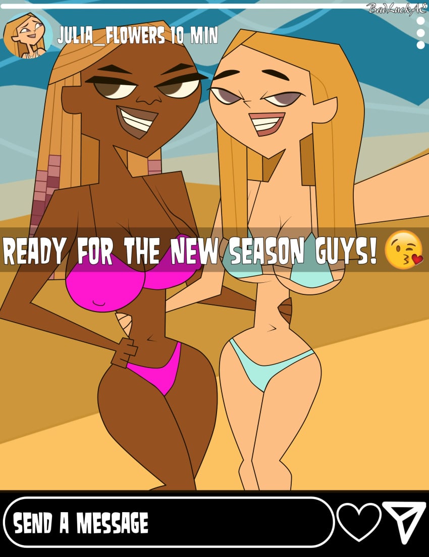 2girls badluckae blonde_hair busty female female_focus female_only hourglass_figure julia_(tdi) long_hair multiple_girls nichelle_(tdi) tagme total_drama_island total_drama_island_(2023) wide_hips