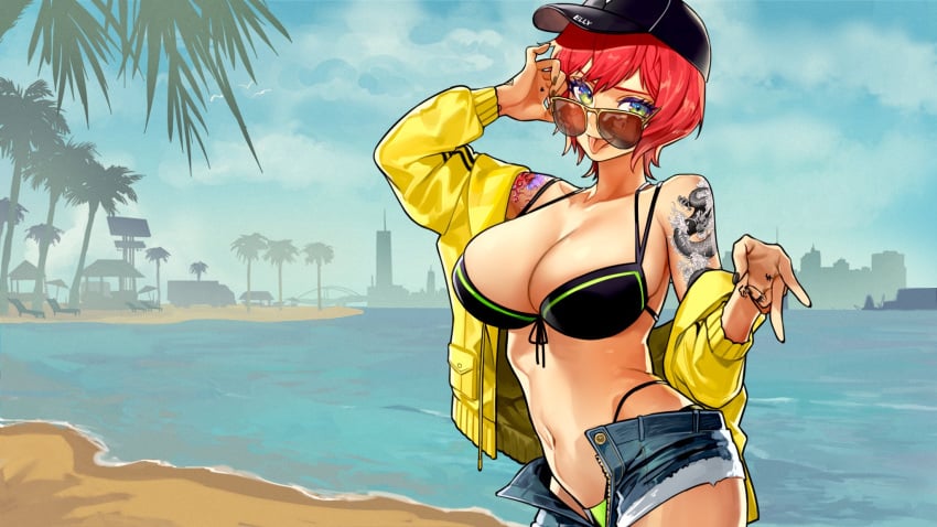 1girls adjusting_eyewear adjusting_glasses adjusting_sunglasses arm_tattoo baseball_cap beach big_breasts bikini black_cap black_nails breasts brown-tinted_eyewear busty cap cleavage day denim denim_shorts dragon_tattoo elly_(vtuber) female_focus female_only grand_theft_auto green_eyes hat huge_breasts indie_virtual_youtuber jacket jean_shorts large_breasts loading_screen looking_at_viewer looking_over_eyewear looking_over_glasses looking_over_sunglasses meme palm_tree palm_trees parody peace_sign red_hair sand short_hair shorts silhouette solo sunglasses swimsuit tattoo tattoo_on_arm tattooed_arm tattoos tinted_eyewear tongue tongue_out tree trees virtual_youtuber vtuber water yellow_jacket