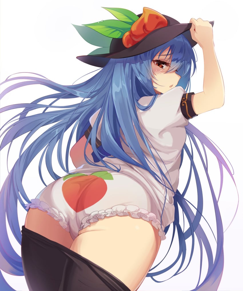 adjusting_clothes adjusting_headwear arm_up ass ass_focus black_headwear black_pantyhose blue_hair blush clothes_pull cowboy_shot dethmaid dutch_angle female food frilled_panties frills from_behind from_below fruit hat hat_ornament highres hinanawi_tenshi leaf long_hair looking_at_viewer looking_back open_mouth panties pantyhose pantyhose_pull peach_(fruit) print_panties puffy_short_sleeves puffy_sleeves red_eyes shirt short_sleeves simple_background solo standing tenshi_hinanawi touhou underwear white_background white_panties white_shirt