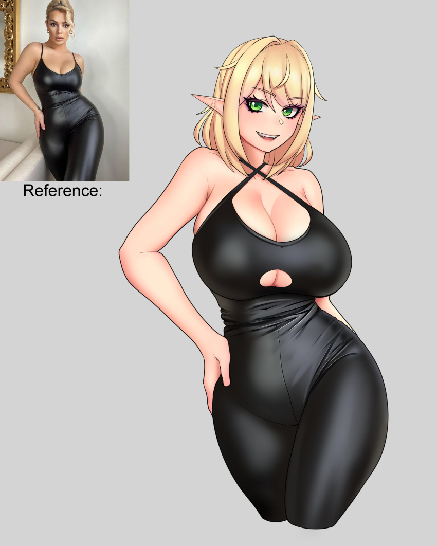 1girls big_breasts black_dress blonde_hair blush breasts dress elara_(vtuber) elf elf_ears elf_female green_eyes grey_background huge_breasts indie_virtual_youtuber large_breasts real_person reference_image short_hair smile virtual_youtuber