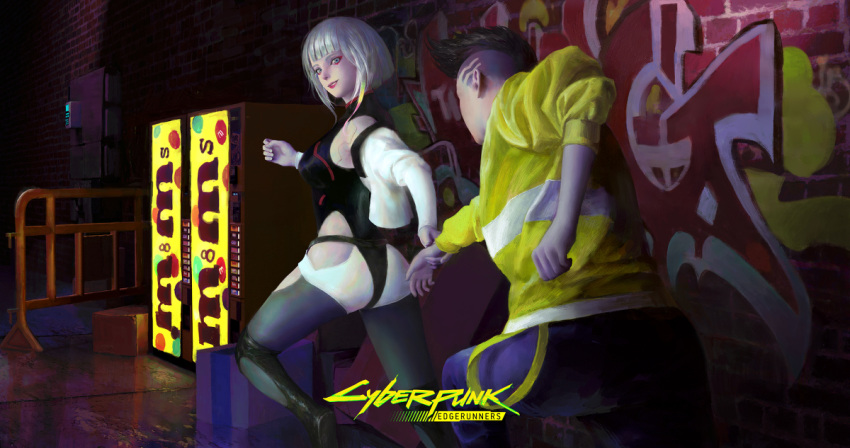 1boy 1boy1girl 1girls 3d ass back_view big_breasts bob_cut cyberpunk:_edgerunners d_mi24 david_martinez_(edgerunners) female holding_hands leggings looking_back lucyna_kushinada male open_jacket running sideboob smiling_at_viewer white_hair