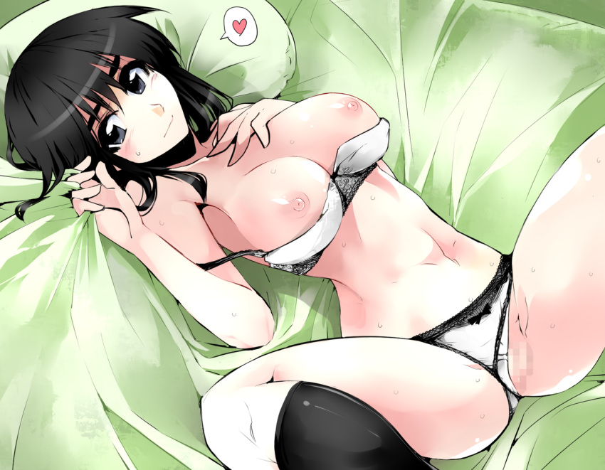 black_hair bow bow_panties bra bra_pull breasts censored cosaten grey_eyes heart large_breasts long_hair lying panties panties_aside pussy school_rumble spoken_heart suou_mikoto sweat underwear