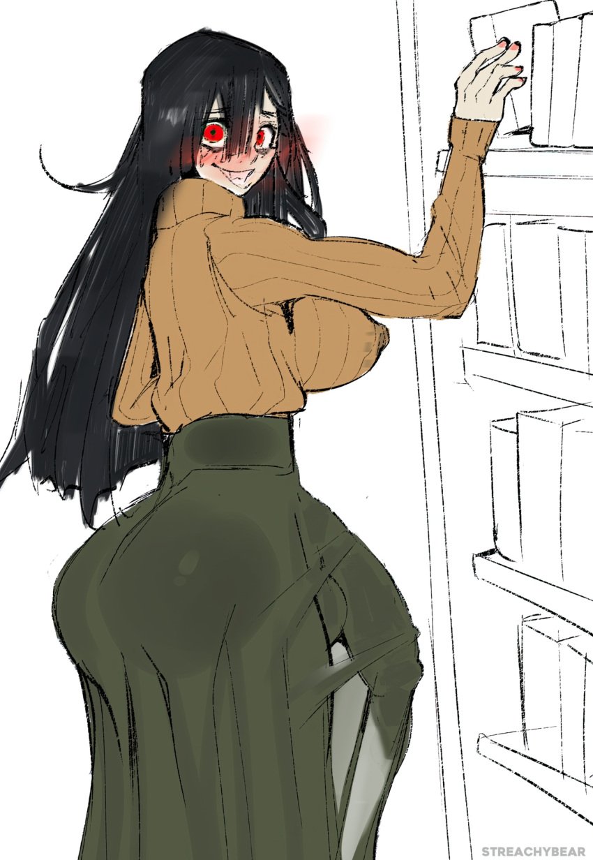 1futa ass balls big_ass big_ass_(futa) big_balls big_breasts big_bulge big_butt big_penis black_hair bookshelf breasts bulge bulge_through_clothing clothed clothing erection fully_clothed futa_only futanari glowing_eyes huge_ass huge_balls huge_breasts huge_cock human hung_futanari light-skinned_futanari long_hair looking_at_viewer looking_back looking_back_at_viewer mostly_clothed original penis penis_visible_through_pants pumpkin_spice_stalker_(streachybear) red_eyes skirt smile smiling smiling_at_viewer solo solo_futa stalker standing streachybear sweater white_background yandere