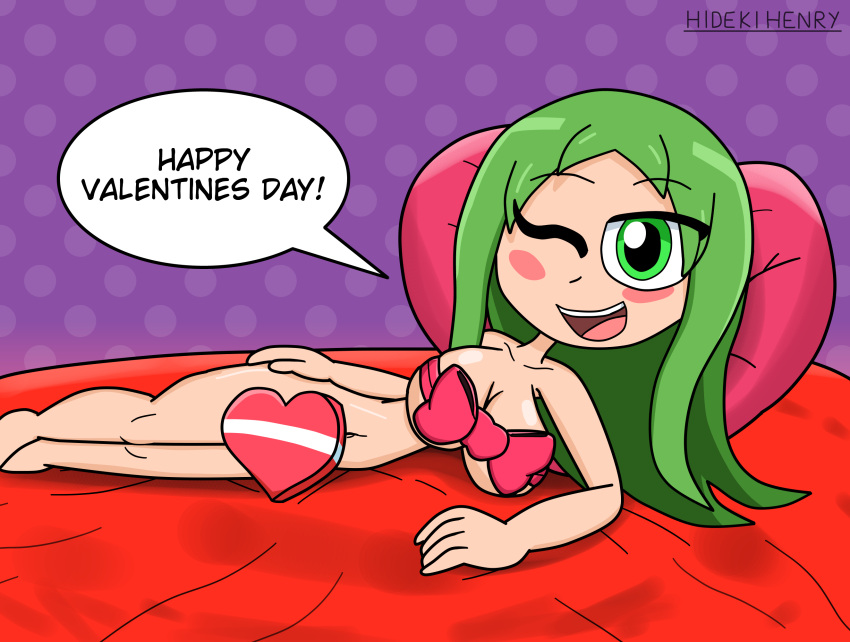 bed belly big_breasts breasts green_eyes green_hair heart hidekihenry huge_breasts jennifer(hideki_henry) legs original_character valentine's_day