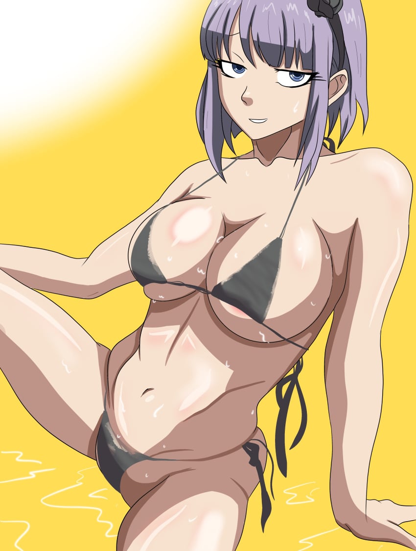 1girls areola_slip arm_support big_breasts bikini black_bikini blue_eyes breasts busty cameltoe cleavage dagashi_kashi hair_ornament hairband highres large_breasts long_hair looking_at_viewer navel parted_lips purple_hair seductive seductive_smile sensual shidare_hotaru short_hair side-tie_bikini_bottom sitting smile solo string_bikini sweat swimsuit thighs thong_bikini