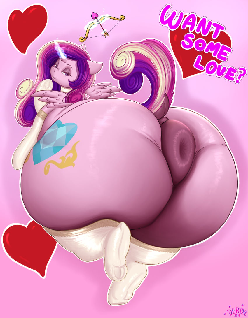 2024 absurd_res alicorn anus ass big_butt cutie_mark derpx1 digital_media_(artwork) english_text equid equine eyebrows eyelashes female friendship_is_magic half-closed_eyes hasbro heart hi_res horn huge_butt looking_at_viewer looking_back mammal my_little_pony narrowed_eyes princess_cadance_(mlp) puffy_anus rear_view solo text wings