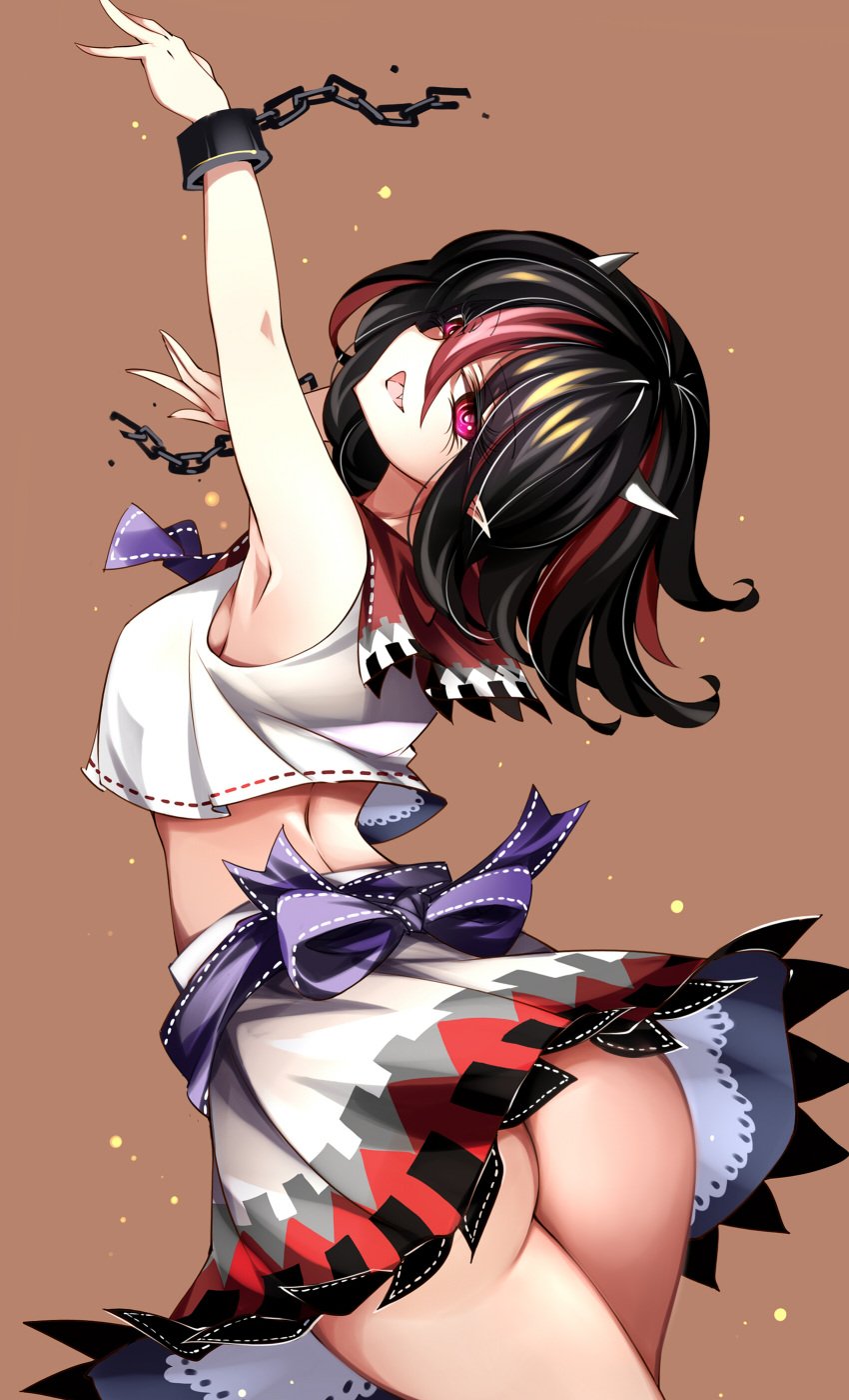 absurdres arms_up ass back bare_arms big_ass black_hair breasts brown_background crop_top cuffs female from_behind grey_horns highres horns kijin_seija looking_at_viewer looking_back medium_breasts medium_hair midriff miniskirt multicolored_hair no_panties oerba_yun_fang open_mouth pink_eyes pointy_ears raptor7 red_hair seija_kijin shackles shirt short_hair simple_background skirt sleeveless sleeveless_shirt smile solo standing streaked_hair touhou white_hair white_shirt white_skirt