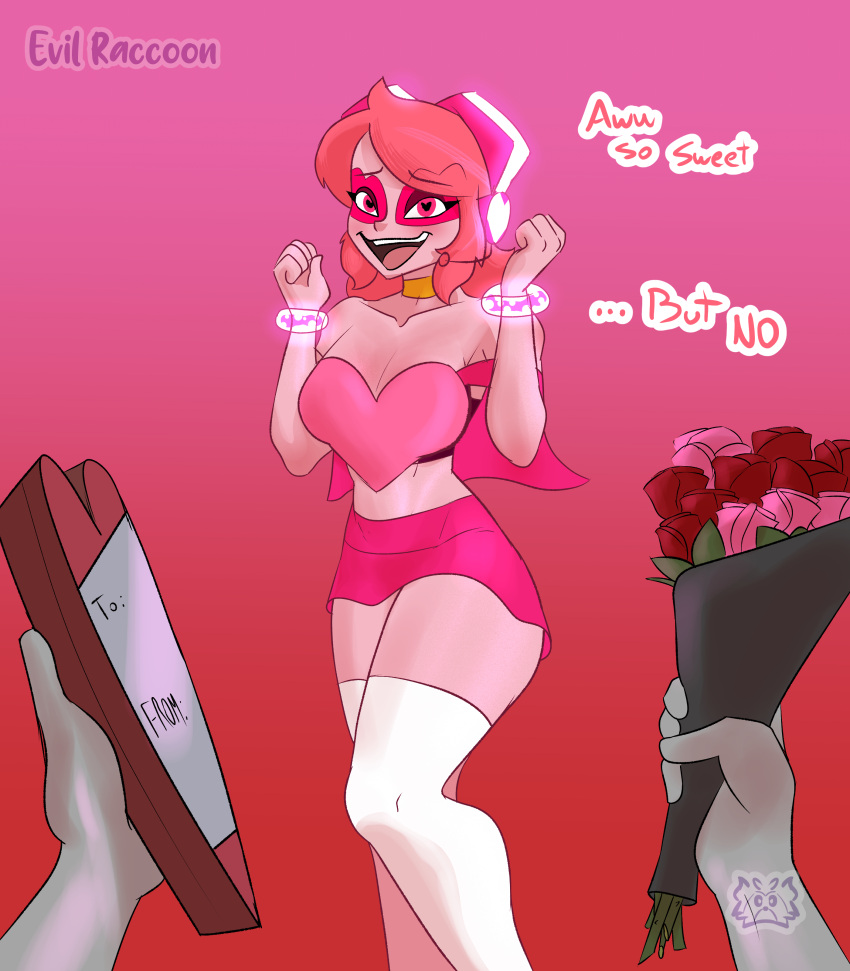 cartoon_network chocolate chocolate_heart evil_raccoon female flower heart-shaped_pupils medium_breasts miniskirt miss_heed_(villainous) pink_body pink_eyes pink_hair pink_skin short_hair smile smiling valentine's_day villainous